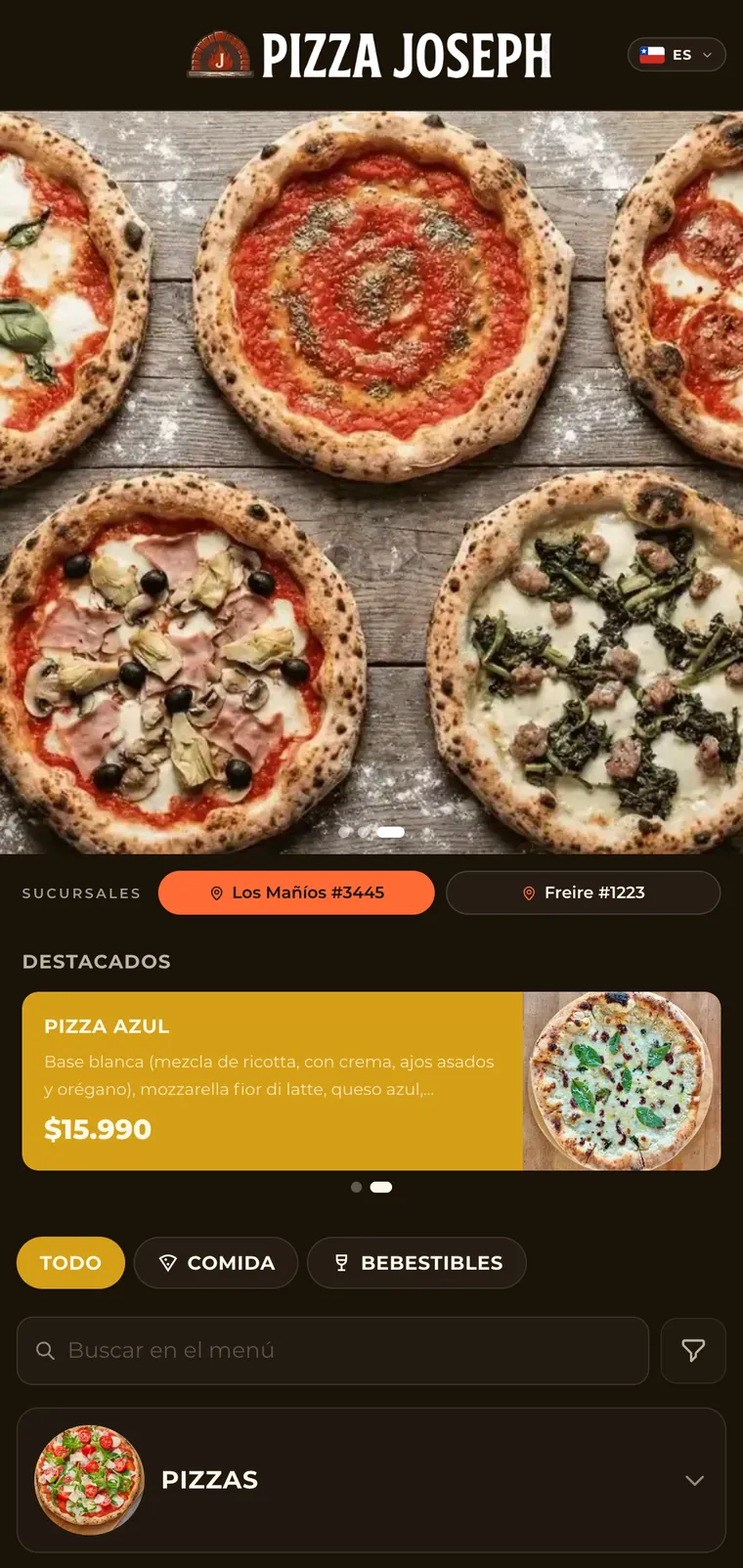 Carta digital de Pizza Joseph en Menu Tap